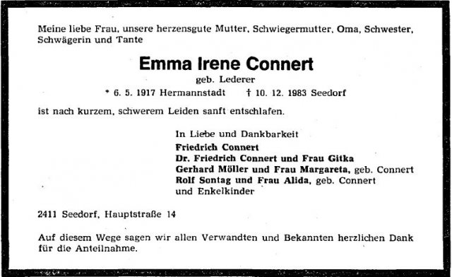 Lederer Emma Irene 1917-1983 Todesanzeige